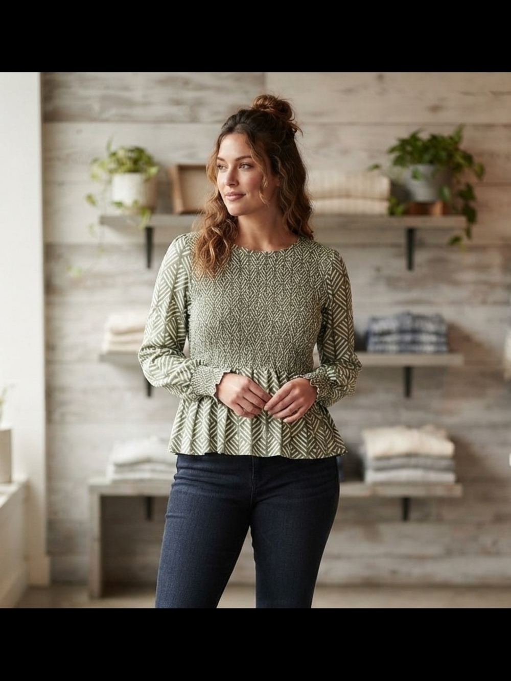 Michelle Mcdowell Smocked Peplum Blouse in Sage Green